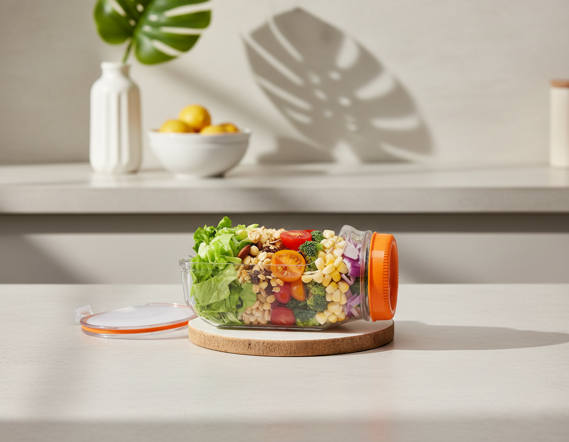 Leakproof Plastic Salad Box Container with Side-opening Cover, Portable Breakfast Fruit Storage Box for Picnic Home Office