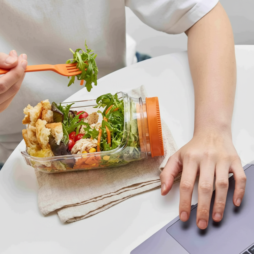 Leakproof Plastic Salad Box Container with Side-opening Cover, Portable Breakfast Fruit Storage Box for Picnic Home Office