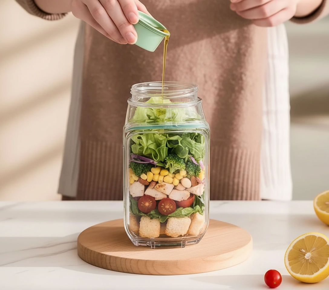 Leakproof Plastic Salad Box Container with Side-opening Cover, Portable Breakfast Fruit Storage Box for Picnic Home Office