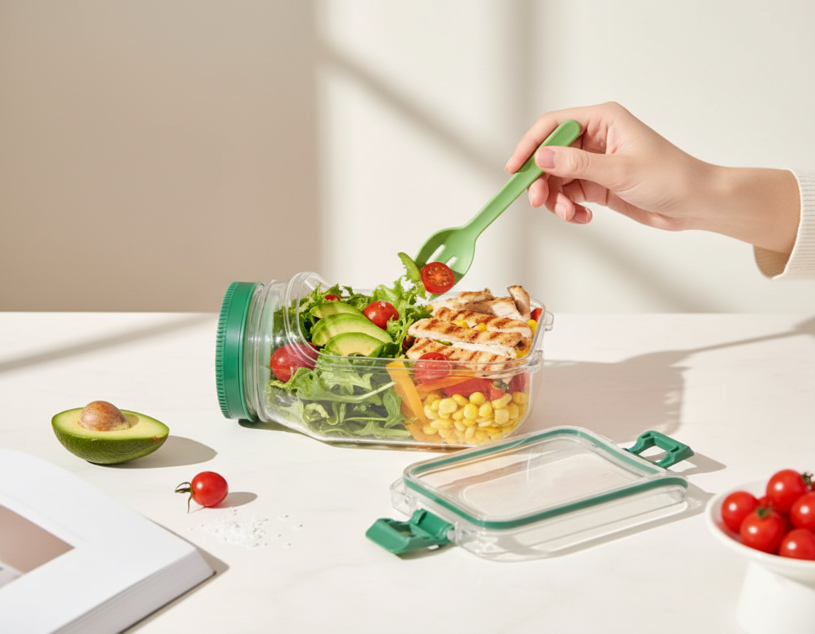 Leakproof Plastic Salad Box Container with Side-opening Cover, Portable Breakfast Fruit Storage Box for Picnic Home Office