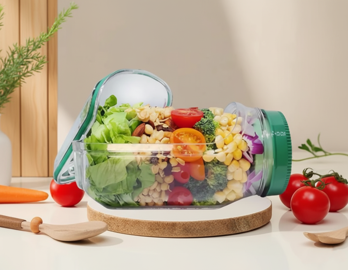 Leakproof Plastic Salad Box Container with Side-opening Cover, Portable Breakfast Fruit Storage Box for Picnic Home Office